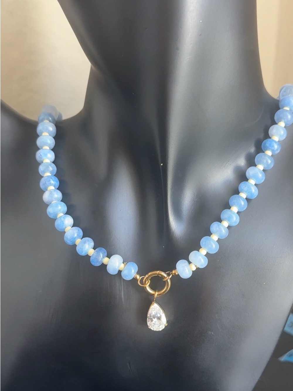 Blue Beaded Necklace with Gold Teardrop Pendant - Brand